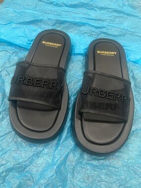 Burberry Black Embroidered Logo Mesh Slide Sandals